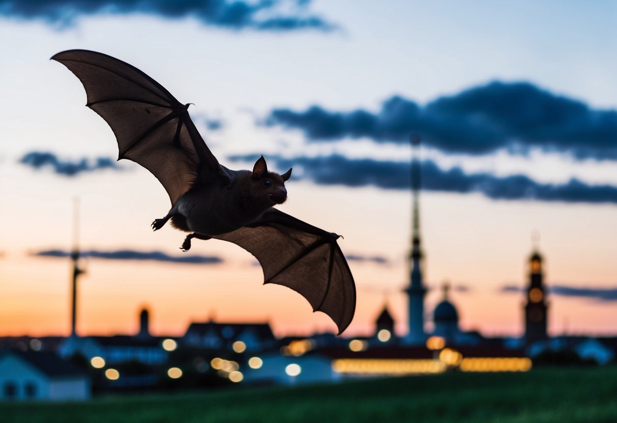 En flagermus, der flyver over det danske landskab ved skumring, med en silhuet af ikoniske vartegn i baggrunden